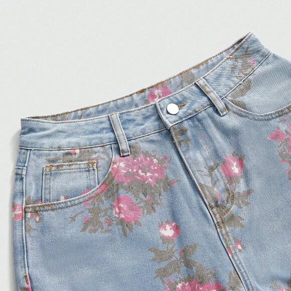 Pink Casual Women's Floral Print Washed Loose Wide-Leg Denim Jeans - Picture 4 of 4